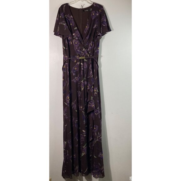 Lauren Ralph Lauren Georgette Flutter Sleeve Gown 16 Brown Purple Belt NWT - Picture 2 of 12